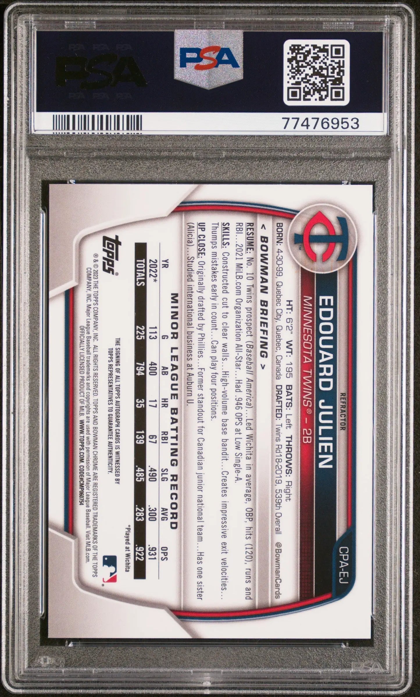 Edouard Julien Bowman Chrome Refractor auto card in PSA slab, 2023 Bowman Chrome Gem Mint