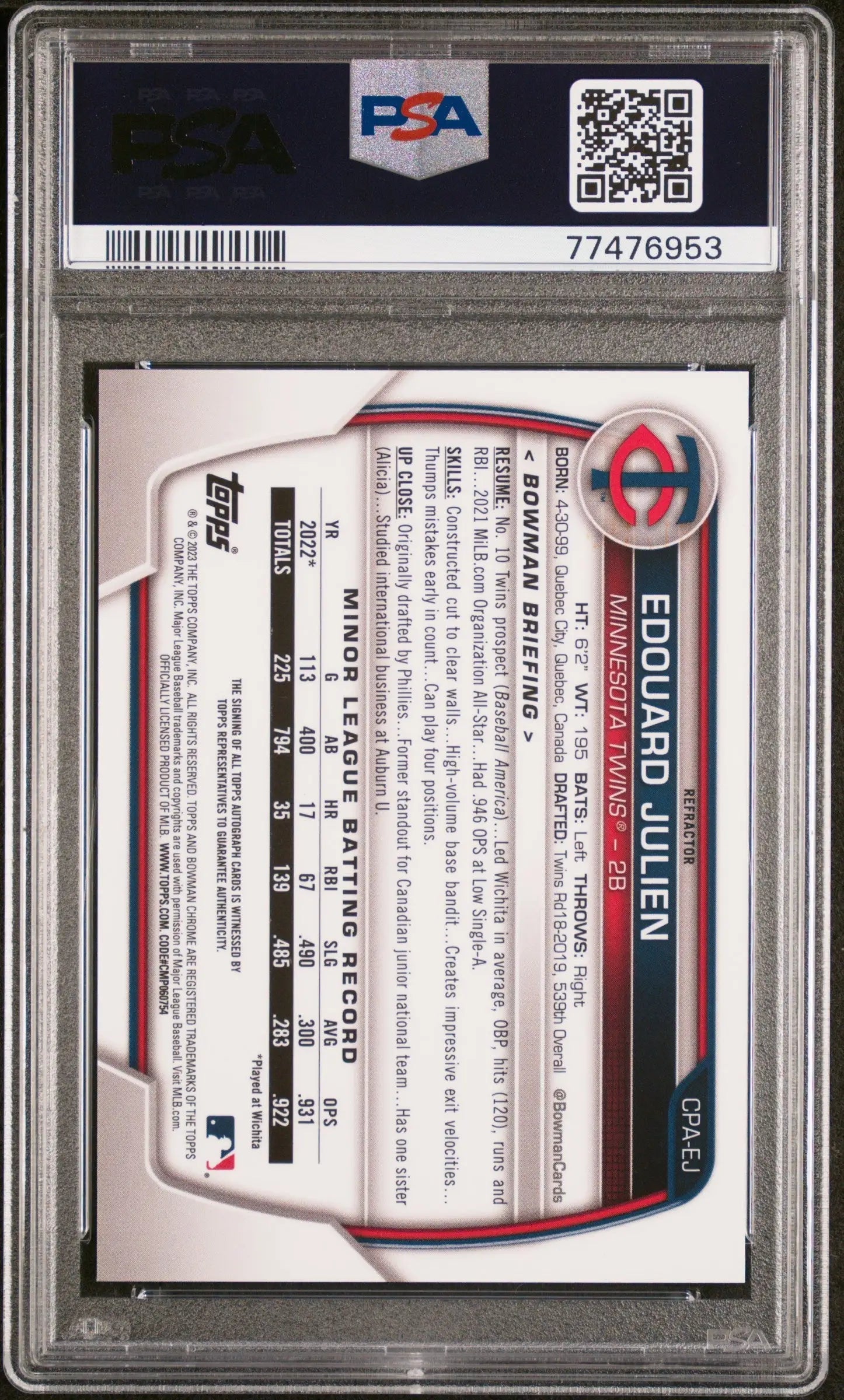 Edouard Julien Bowman Chrome Refractor auto card in PSA slab, 2023 Bowman Chrome Gem Mint