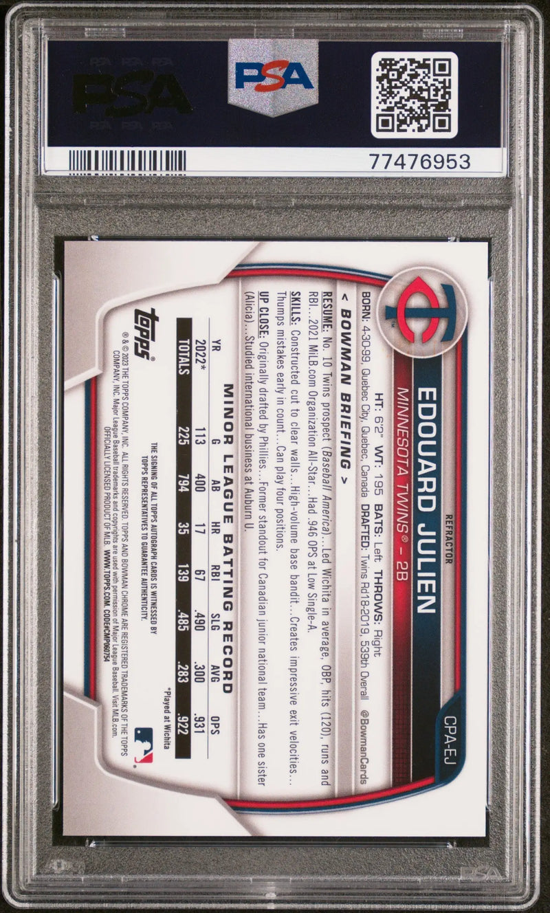 Edouard Julien Bowman Chrome Refractor auto card in PSA slab, 2023 Bowman Chrome Gem Mint