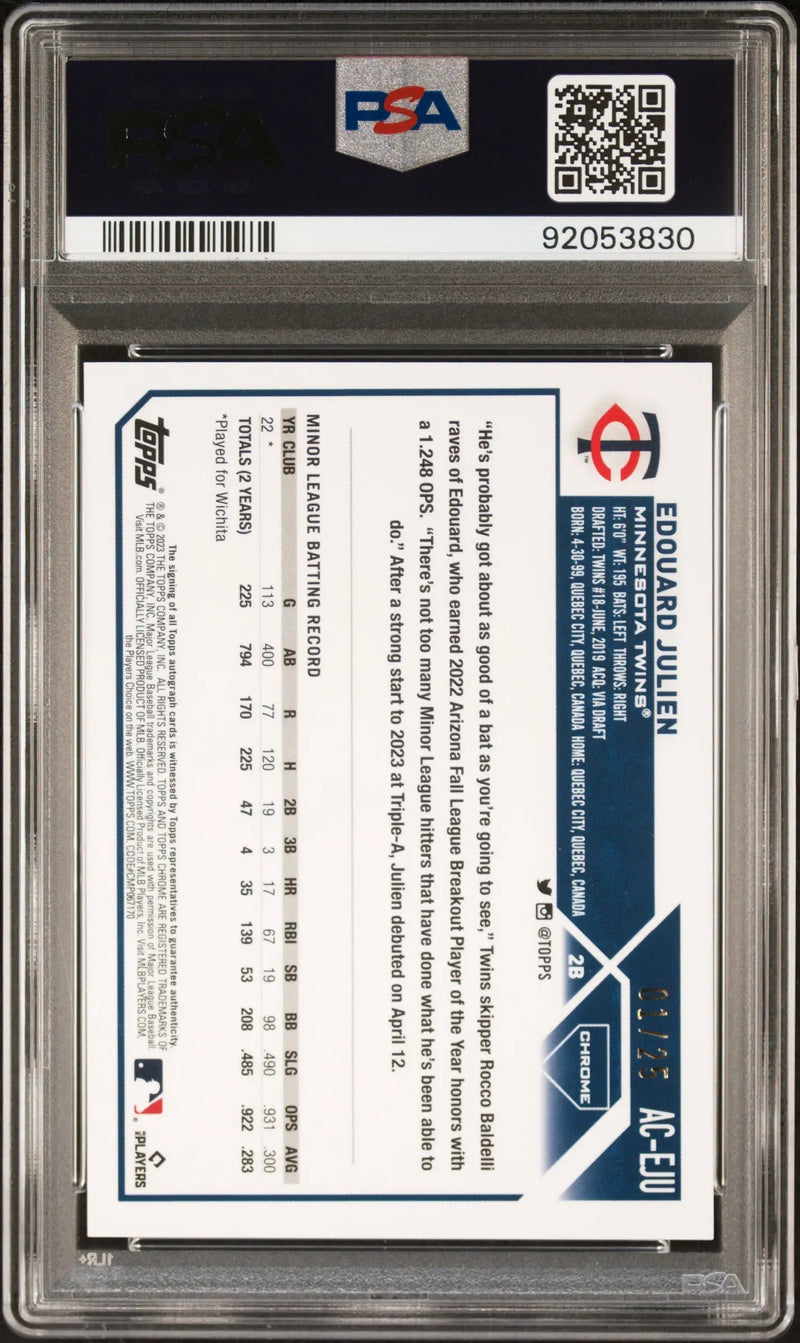 PSA-graded Edouard Julien baseball card from Topps Chrome Update Orange Auto series