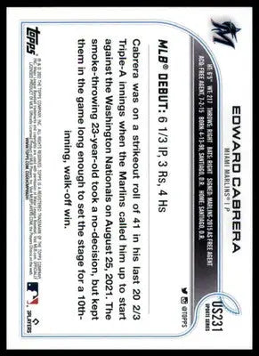 Edward Cabrera Rookie 2022 Topps Update #US231 Miami Marlins - Baseball Card Single