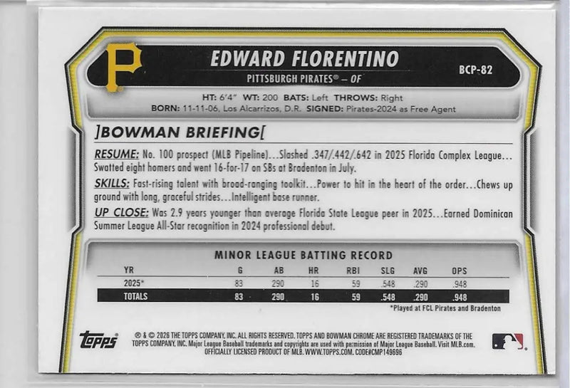 Edward Florentino 2026 Bowman Chrome 1st Bowman Mojo Refractor #BCP-82 (1306) - Baseball Card Single