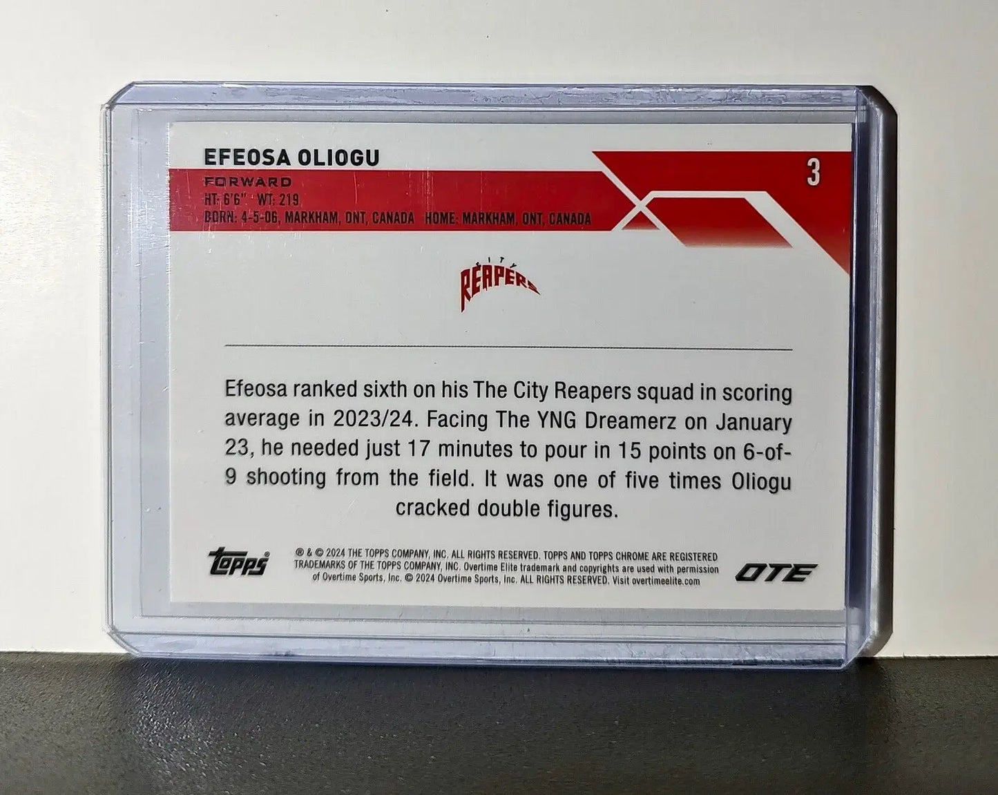 Efeosa Oliogu Rookie Card 2023-24 Topps Chrome Overtime #3 City Reapers