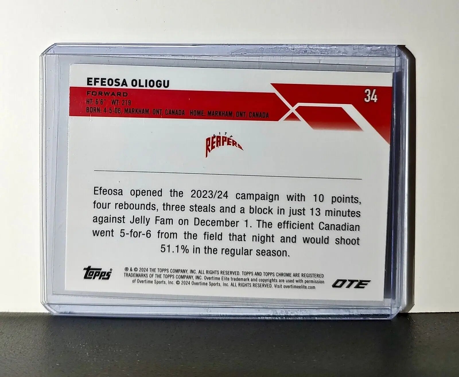 Efeosa Oliogu Rookie Card 2023-24 Topps Chrome Overtime #34 City Reapers