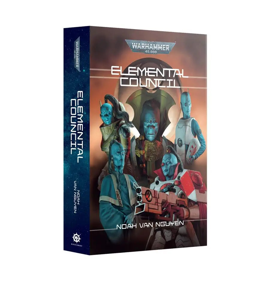 Hardcover science fiction novel Elemental Council featuring blue-skinned alien characters for Warhammer 40k fans