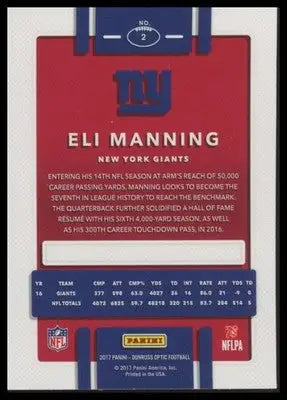 Eli Manning 2017 Donruss Optic #2 New York Giants