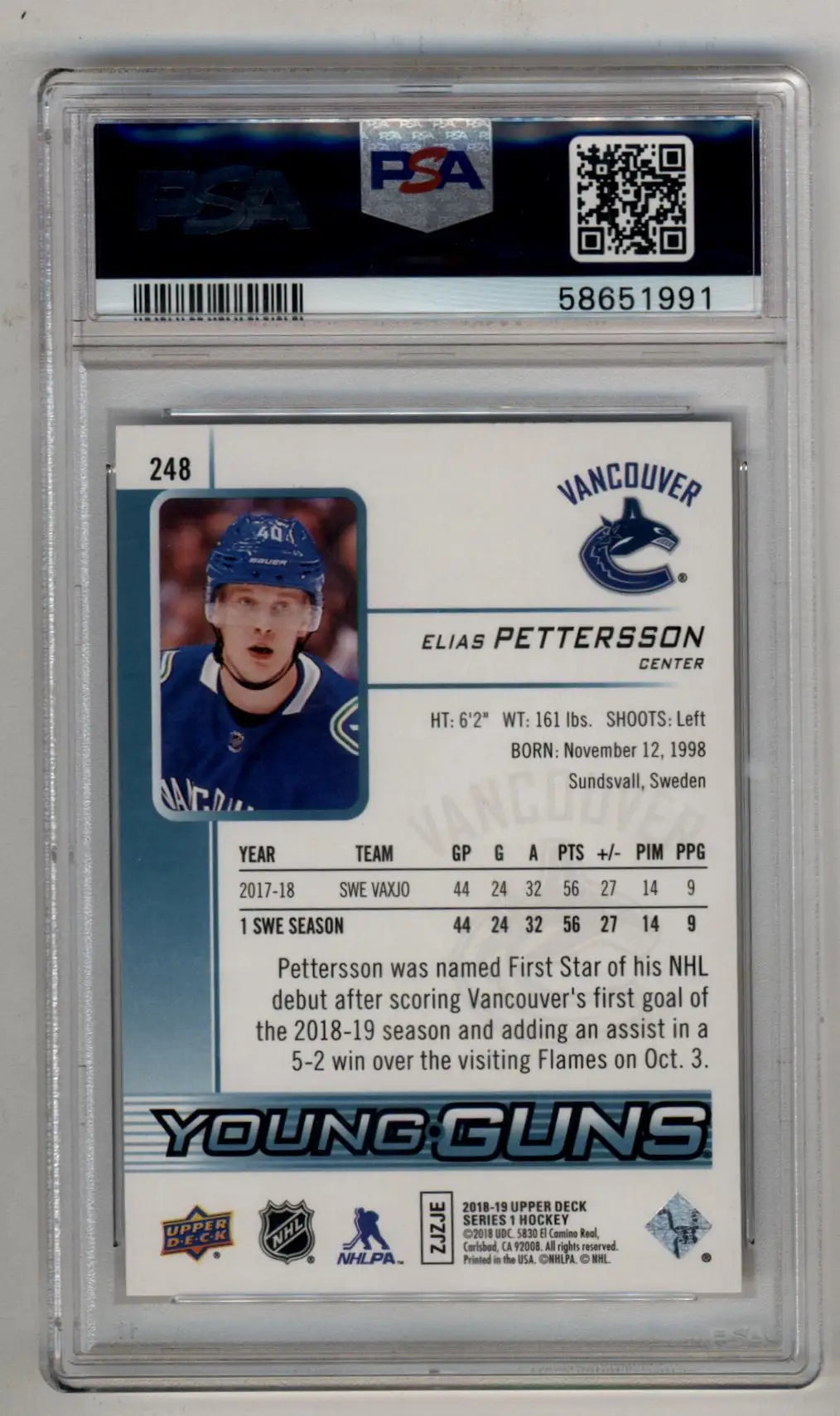 Elias Pettersson 2018-19 Upper Deck #248 PSA 10 Gem Mint 1991 - Hockey Card Single