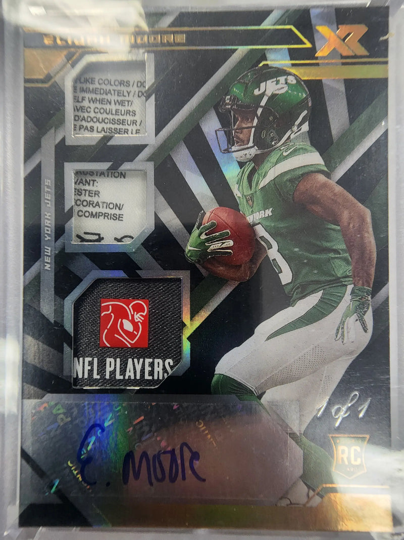 NFL trading card of New York Jets player in green uniform from Panini XR NFL players triple patch