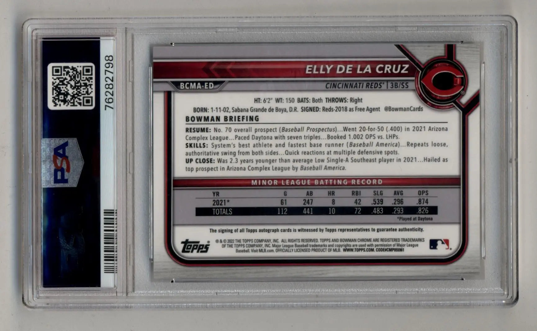 Elly De La Cruz 2022 Bowman Chrome Mega Box Auto PSA 10 Gem Mint Auto 10 2798 - Baseball Card Single