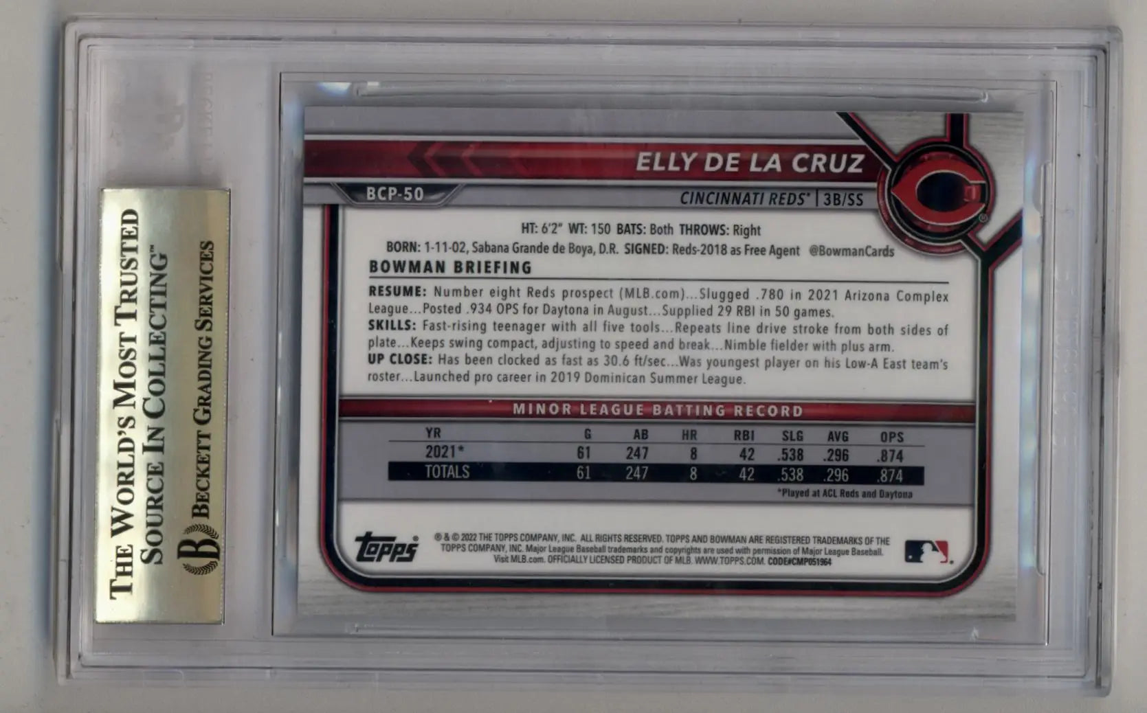 Elly De La Cruz 2022 Bowman Chrome Sapphire Prospects BGS 10 Pristine - Baseball Card Single
