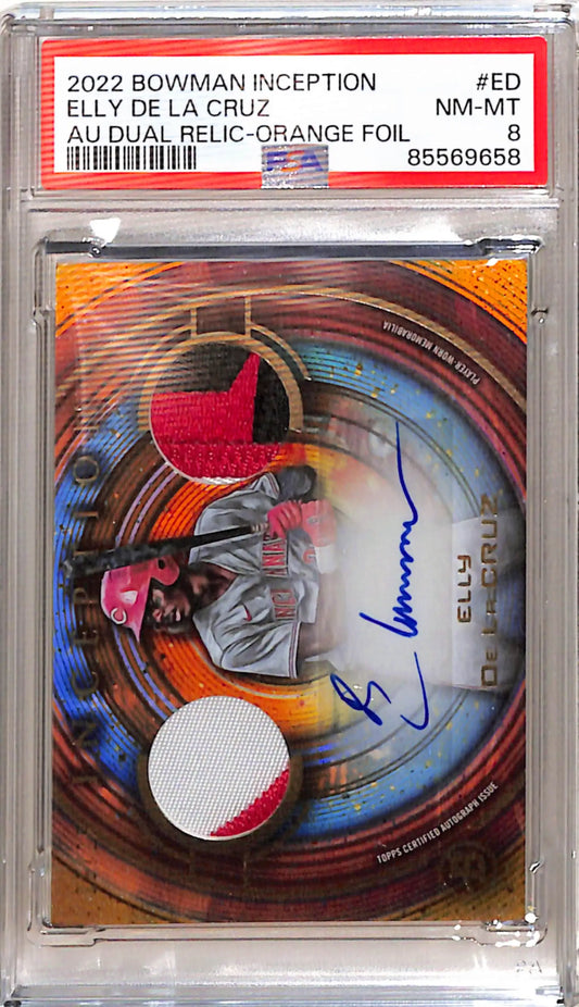 Elly De La Cruz 2022 Bowman Inception 01/25 Dual Auto Relic Orange Foil PSA 8 Near Mint-Mint - Baseball Card Single