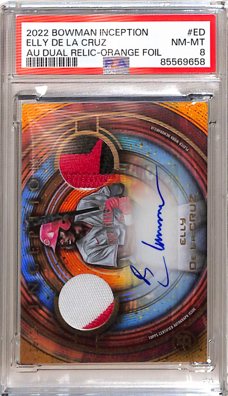 Elly De La Cruz 2022 Bowman Inception 01/25 Dual Auto Relic Orange Foil PSA 8 Near Mint-Mint - Baseball Card Single