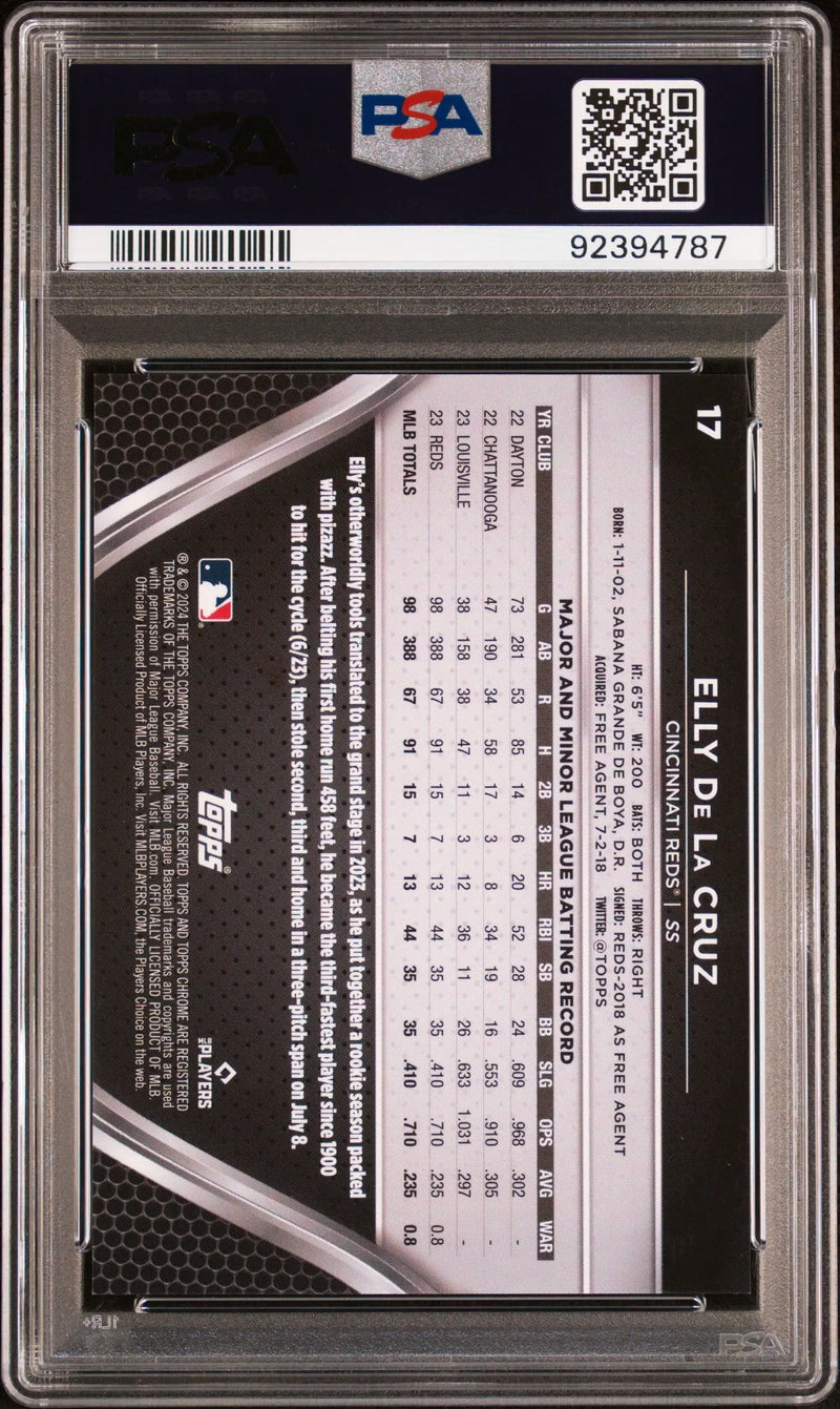 Graded Elly De La Cruz baseball card in Topps Chrome Black Blue Lava PSA 10 Gem Mint