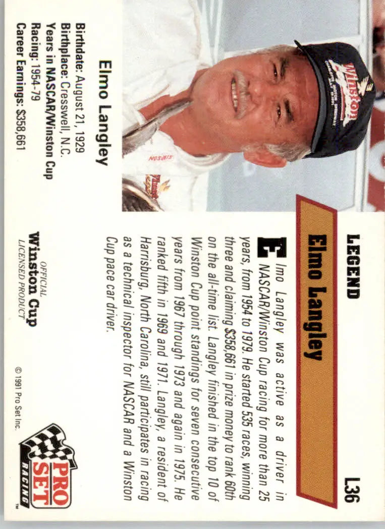 Elmo Langley - 1991 Pro Set - #L36 - Legends Racing - Racing Card Single