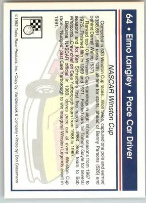 Elmo Langley - 1992 Traks - #64 - Racing - Racing Card Single