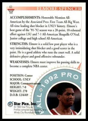 Elmore Spencer 1992 Star Pics #61 UNLV Runnin’ Rebels - Basketball Card Single