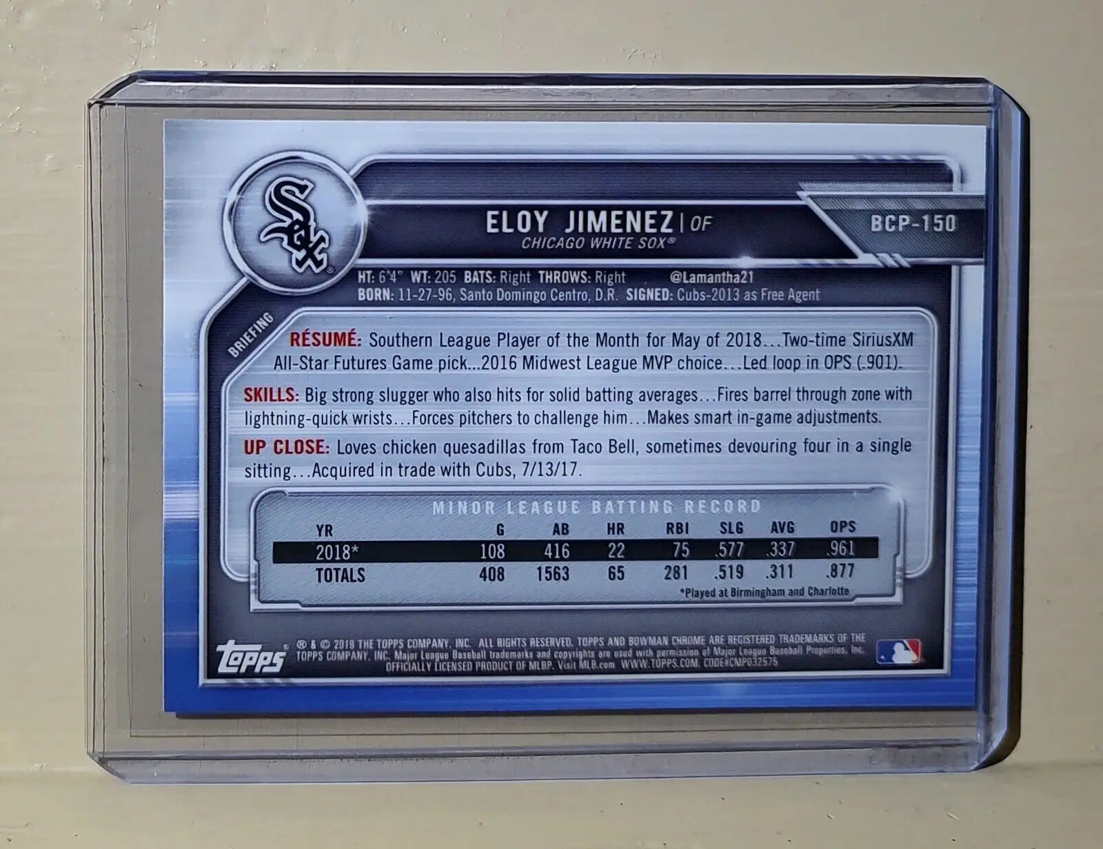 Eloy Jimenez 2019 Topps Bowman Chrome MLB #BCP-150 Rookie Card Chicago White Sox