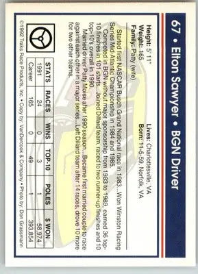 Elton Sawyer - 1992 Traks - #67 - Racing - Racing Card Single