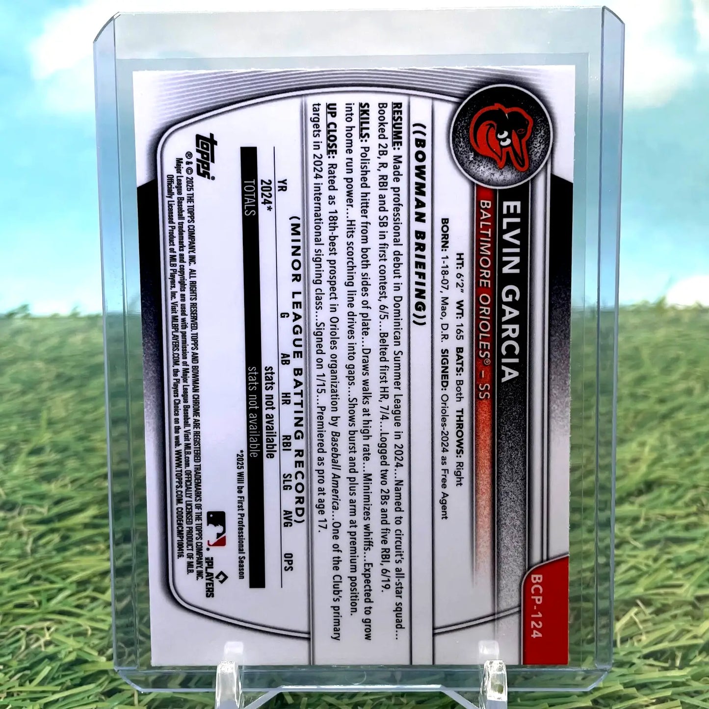 Elvin Garcias Bowman 1st Chrome baseball card in protective case for Baltimore Orioles