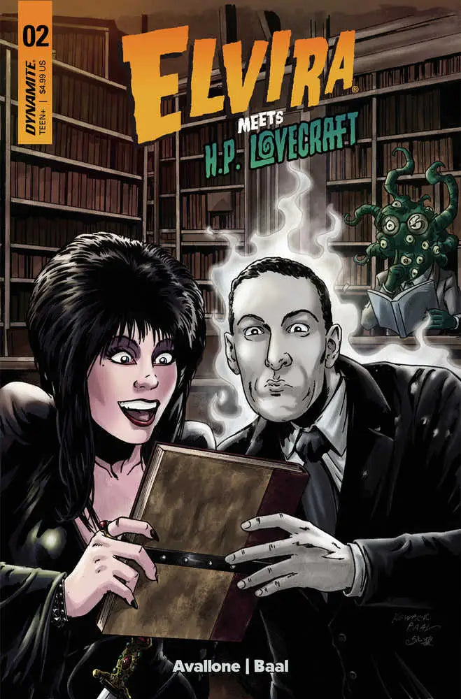 Comic book cover of Elvira and H.P. Lovecraft, merging horror with trading cards themes
