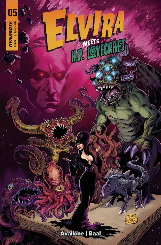 Comic book cover of Elvira by Artist Kewber battling cosmic horror monsters