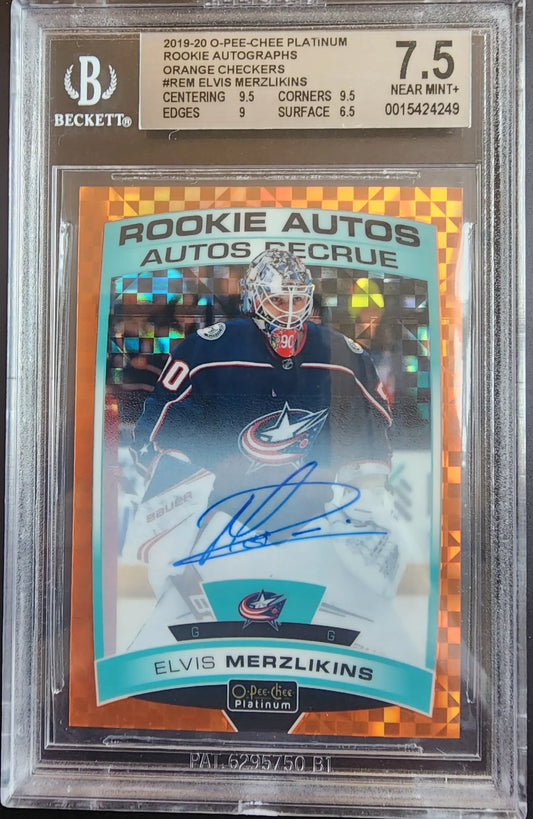 Elvis Merzlikins 2019 OPC Platinum Orange Checkers Auto #4/15 BGS 7.5 - Hockey Card Single