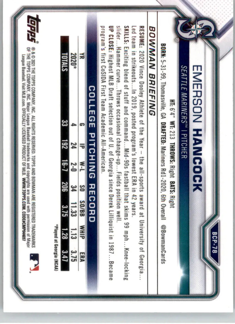 Emerson Hancock - 2021 Bowman - #BCP-78 - Chrome Prospects Mojo Refractor
