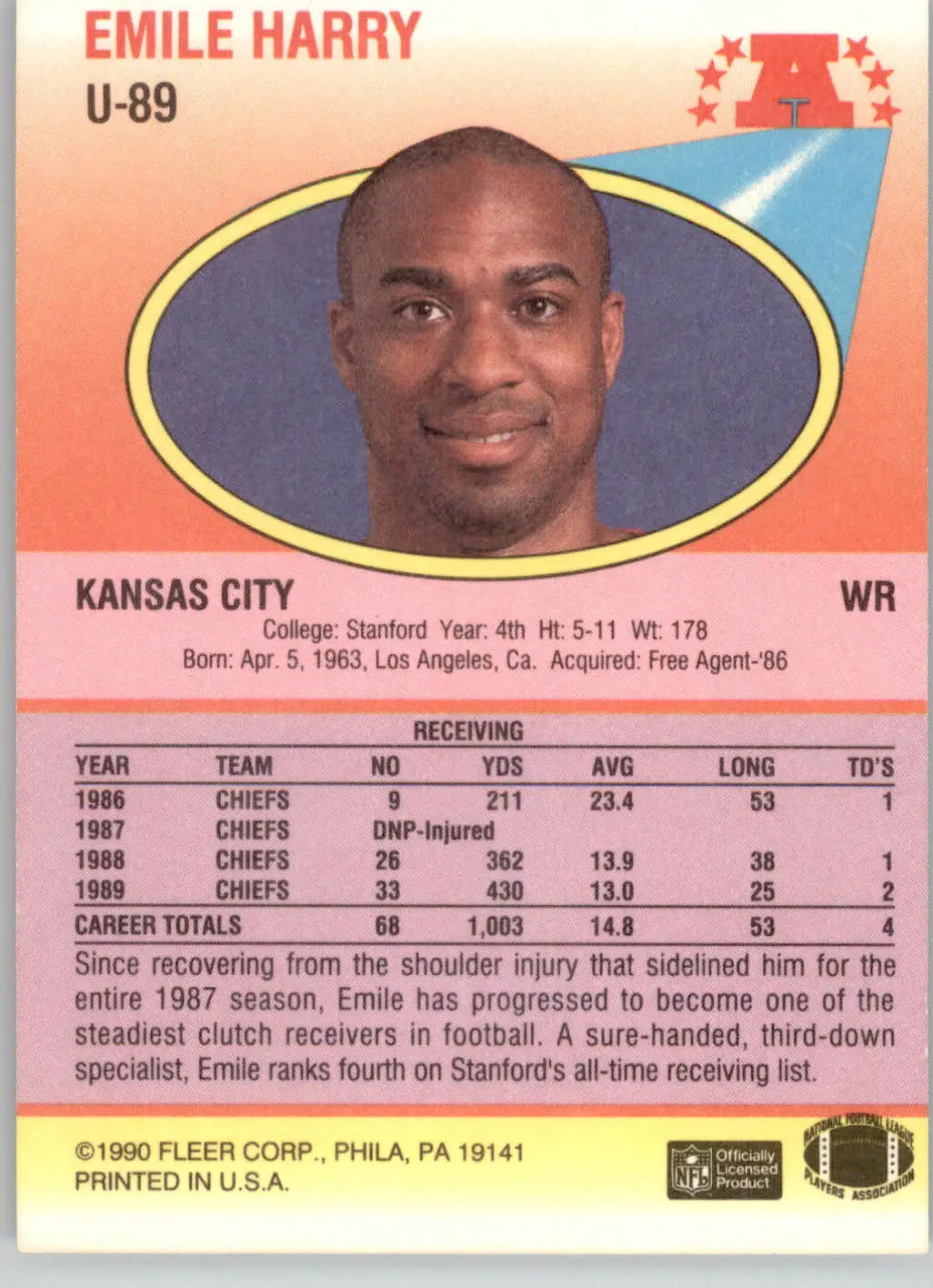 Emile Harry - 1990 Fleer Update - #U-89 - RC Football