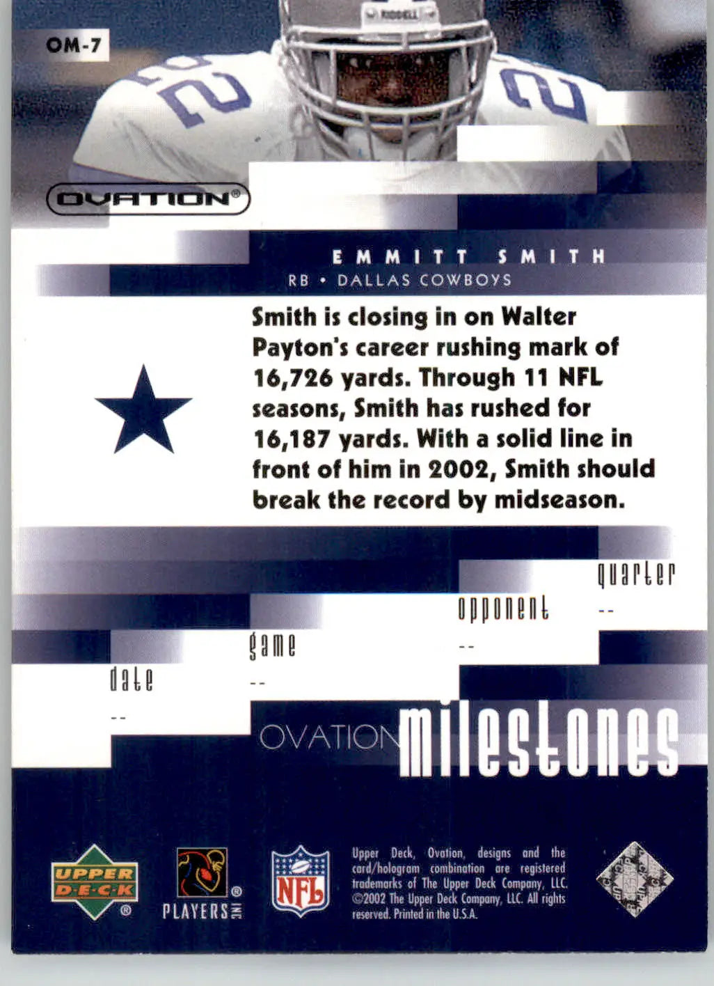 Emmitt Smith - 2002 Upper Deck Ovation - #OM-7 - Milestones Football - Football Card Single