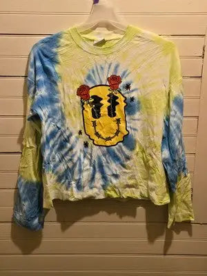 Empyre Shirt Womens S Tie Dye Long Sleeve Graphic Skull Rose Yellow Blue