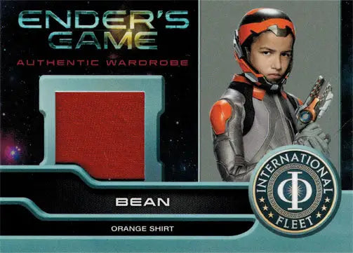 Enders Game Movie Wardrobe Card M07 featuring Aramis Knight as Bean with costume swatch