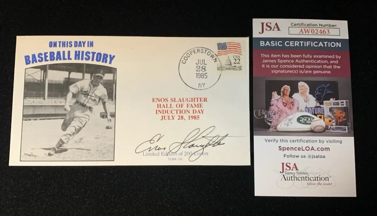 Enos Slaughter Signed 7/28/85 HOF Cachet Baseball History Cardinals JSA Auto - Sports Memorabilia