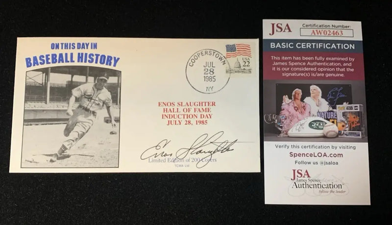 Enos Slaughter Signed 7/28/85 HOF Cachet Baseball History Cardinals JSA Auto - Sports Memorabilia