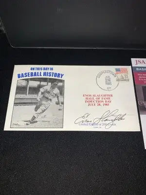 Enos Slaughter Signed 7/28/85 HOF Cachet Baseball History Cardinals JSA Auto - Sports Memorabilia