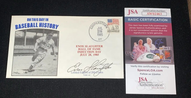 Enos Slaughter Signed 7/28/85 HOF Cachet Baseball History Cardinals JSA Auto - Sports Memorabilia