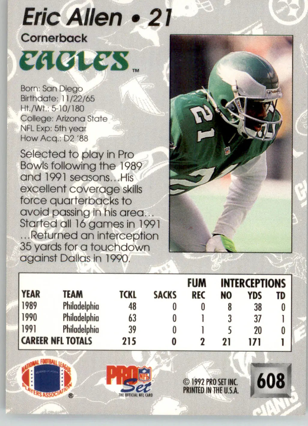 Eric Allen - 1992 Pro Set - #608 - Football - Football Card Single