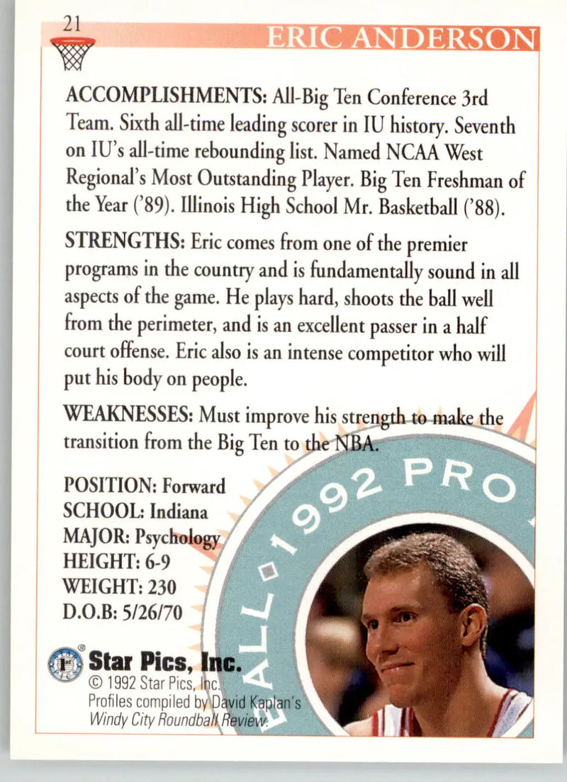 Eric Anderson - 1992 Star Pics - #21 - Basketball - Basketball Card Single