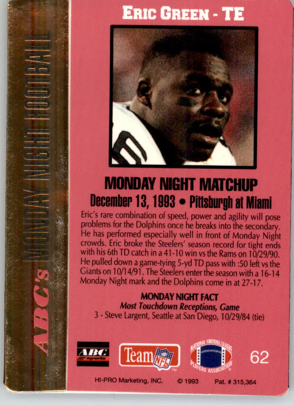 Eric Green - 1993 Action Packed Monday Night Football - #62 - Football - Football Card Single