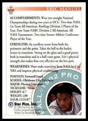 Eric Manuel 1992 Star Pics #49 Oklahoma City University Stars - Basketball Card Single