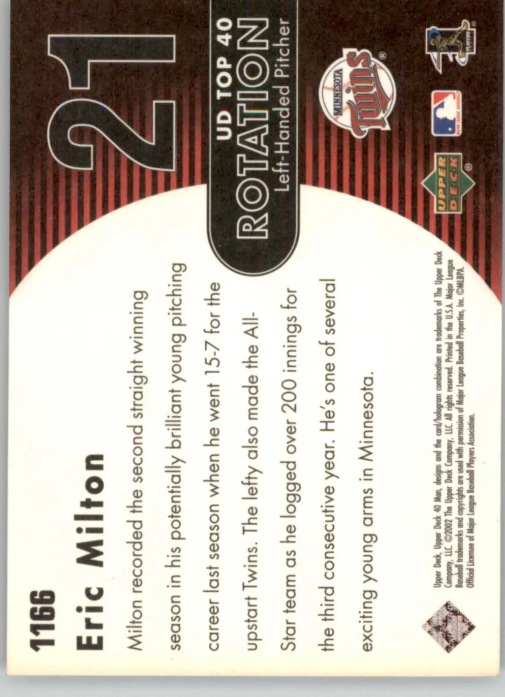 Eric Milton - 2002 Upper Deck 40-Man - #1166 - Baseball - Baseball Card Single