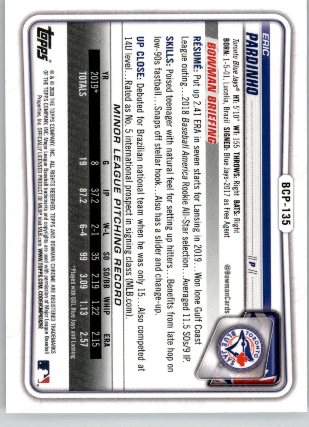 Eric Pardinho - 2020 Bowman - #BCP-135 - Chrome Prospects Baseball - Baseball Card Single