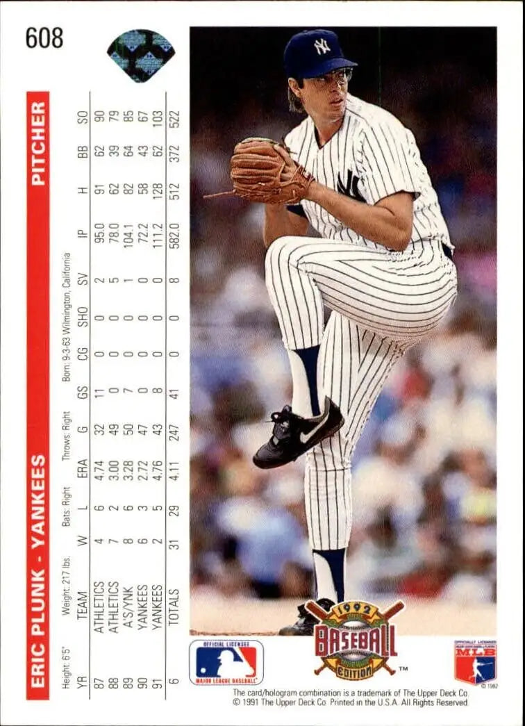 Eric Plunk 1992 Upper Deck MLB #608 Baseball Card New York Yankees