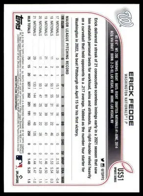 Erick Fedde 2022 Topps Update #US51 Washington Nationals - Baseball Card Single