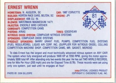Ernest Wrenn - 1989 Checkered Flag IHRA - #81 - Racing - Racing Card Single