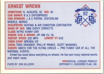 Ernest Wrenn - 1989 Checkered Flag IHRA - #92 - Racing - Racing Card Single