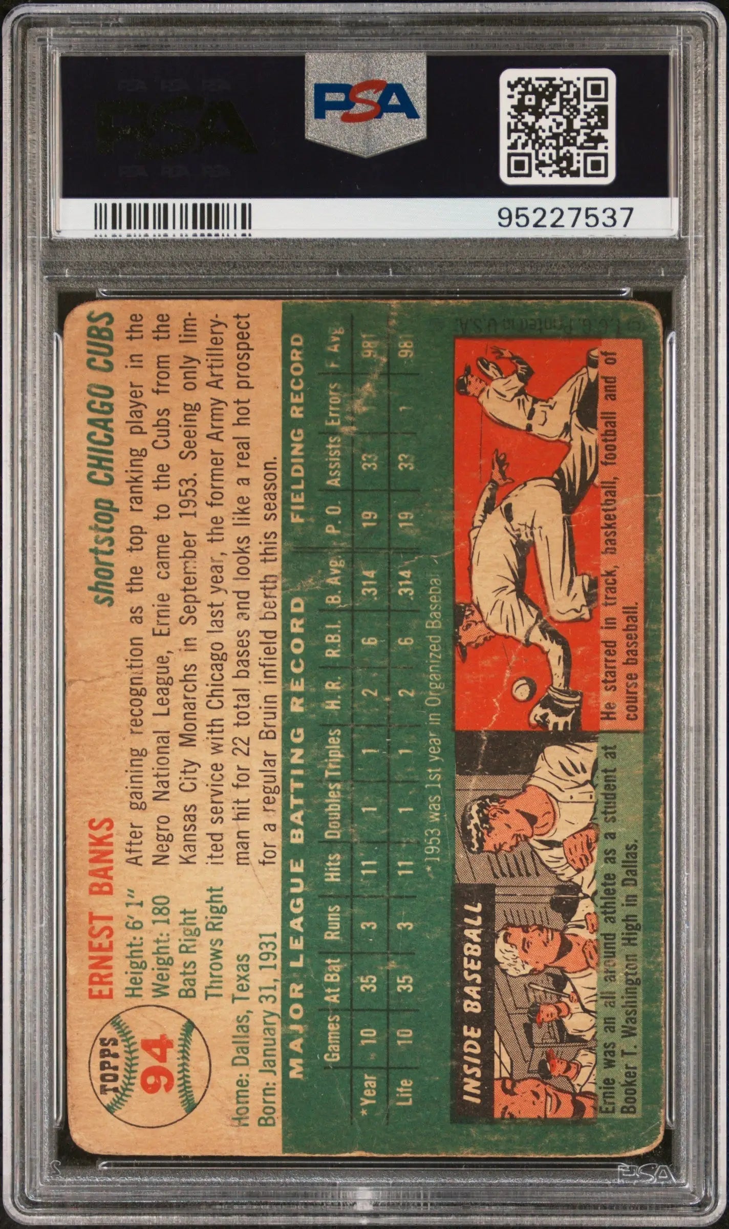 Vintage Ernie Banks 1954 Topps #94 PSA Authentic trading card with orange and green artwork