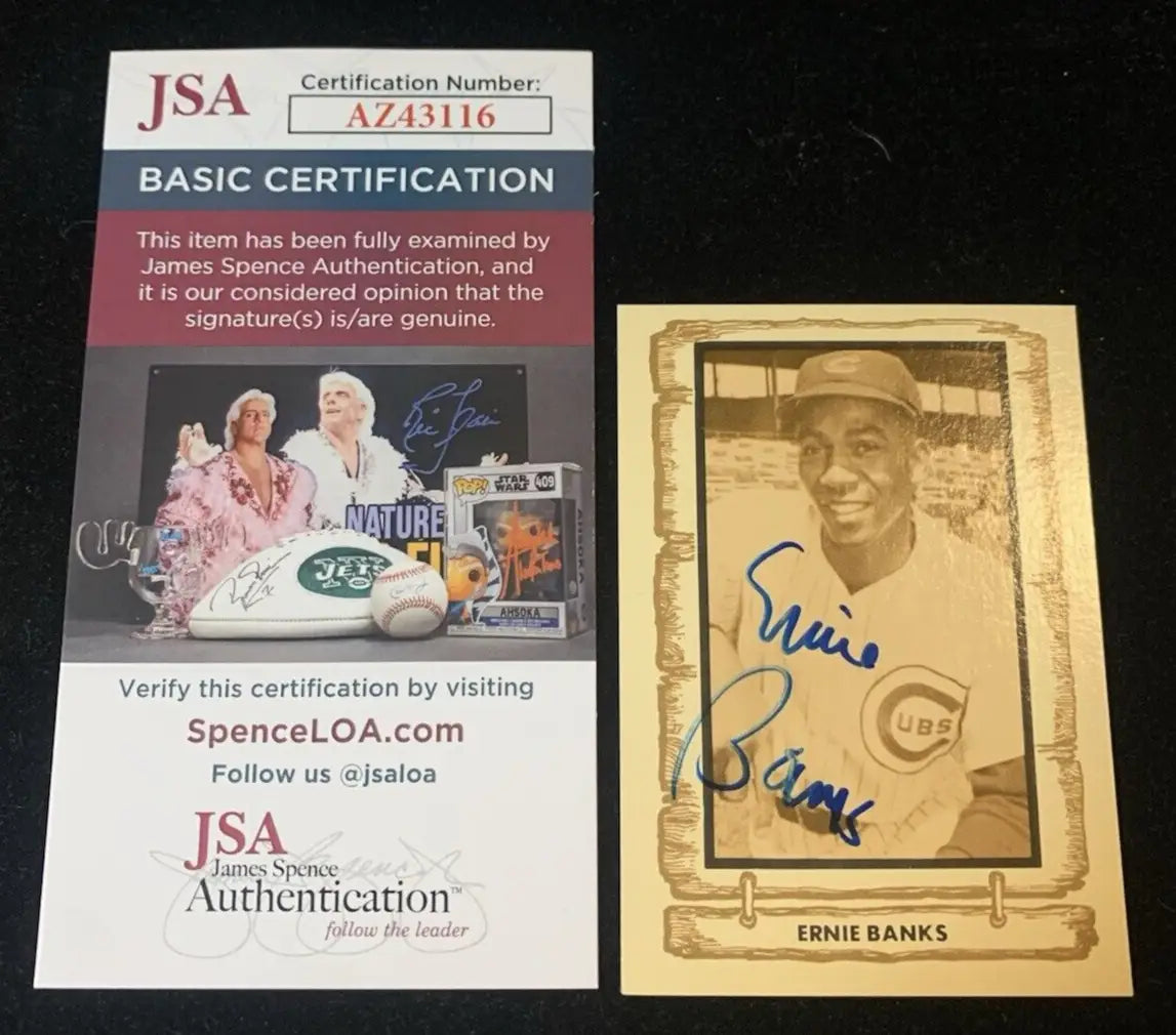Signed Ernie Banks baseball card with JSA authentication for collectors of baseball cards