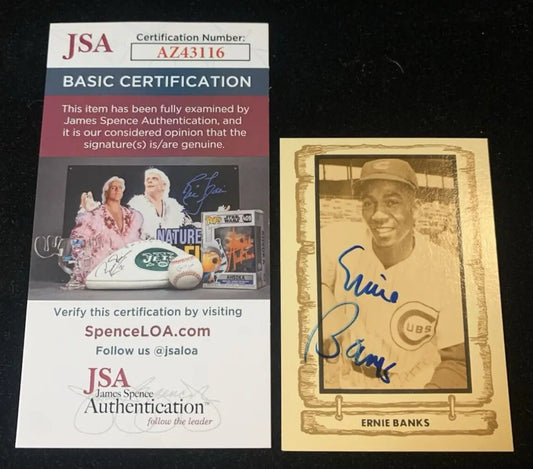 Signed Ernie Banks baseball card with JSA authentication for collectors of baseball cards