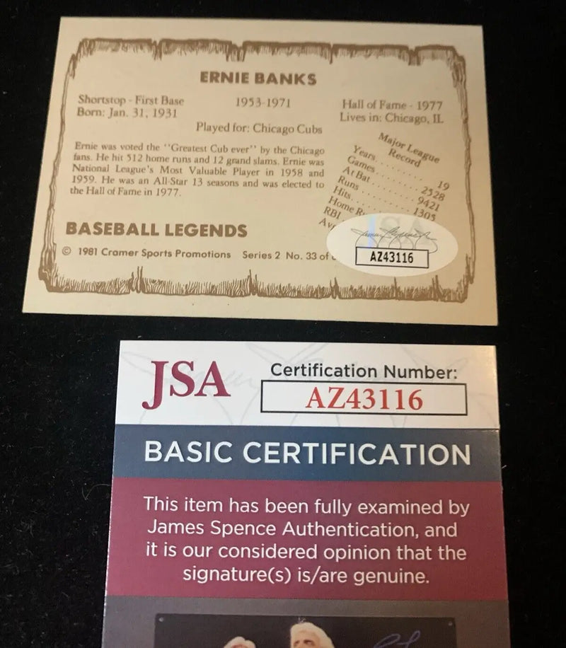 Ernie Banks autographed baseball card with JSA certification for trading cards collectors
