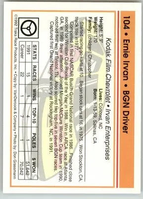 Ernie Irvan - 1992 Traks - #104 - Racing - Racing Card Single